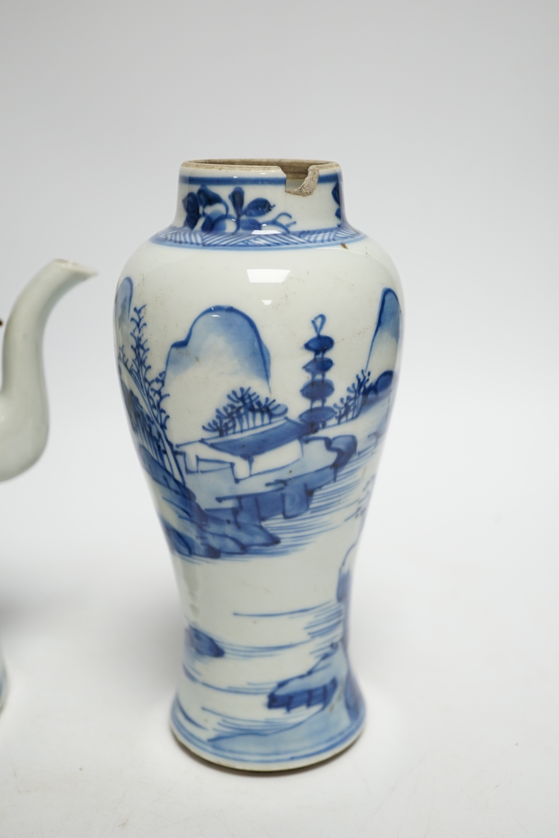 19th century Chinese blue and white porcelain comprising teapot, vase and dish, largest 18cm high